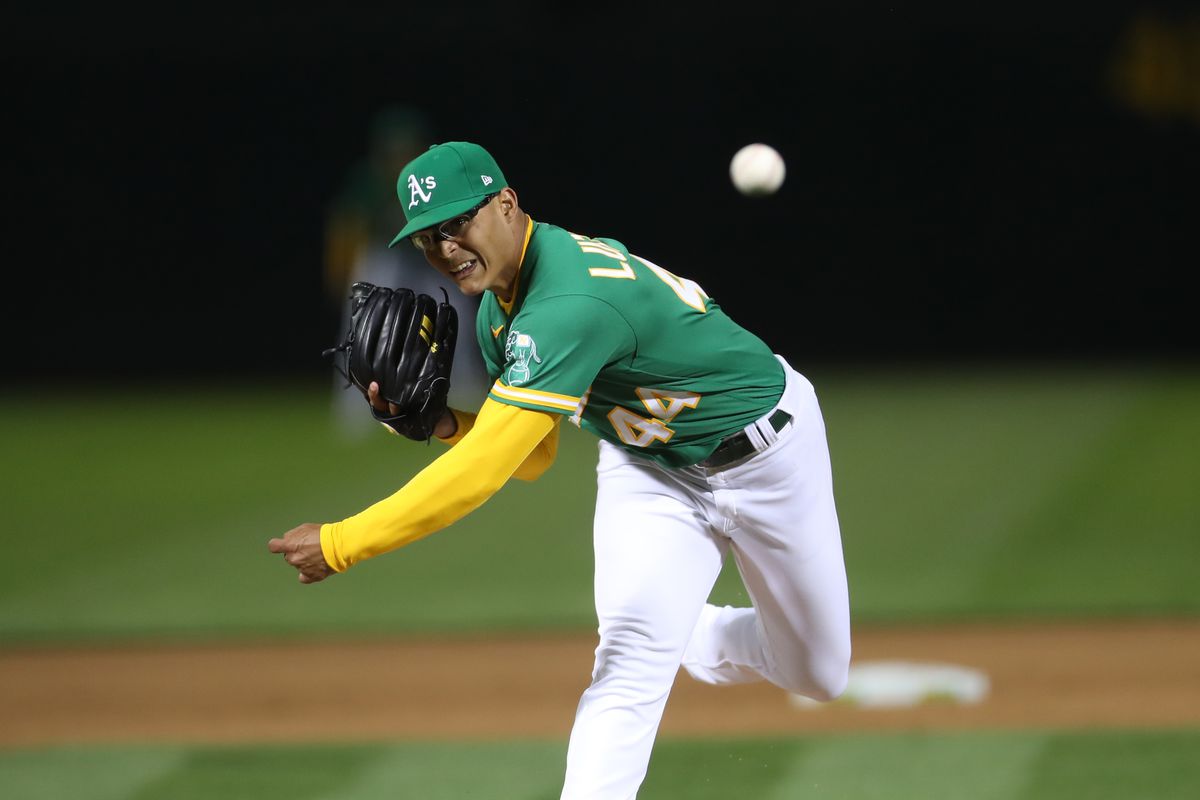 Jesús Luzardo #44 of the Oakland Athletics pitches during the game against the Kansas City Royals at RingCentral Coliseum on June 10, 2021 in Oakland, California. The Royals defeated the Athletics 6-1.