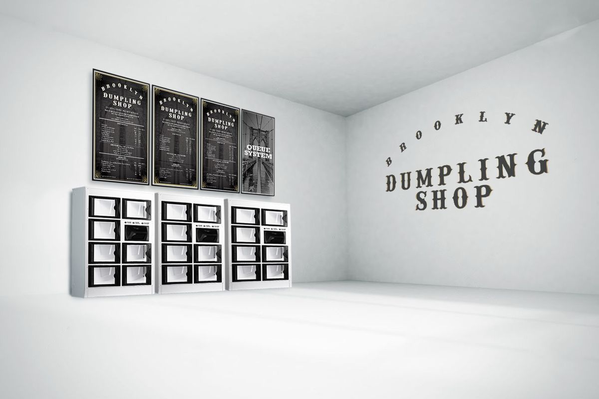 A rendering which shows stacks of glass boxes with menu boards above them.
