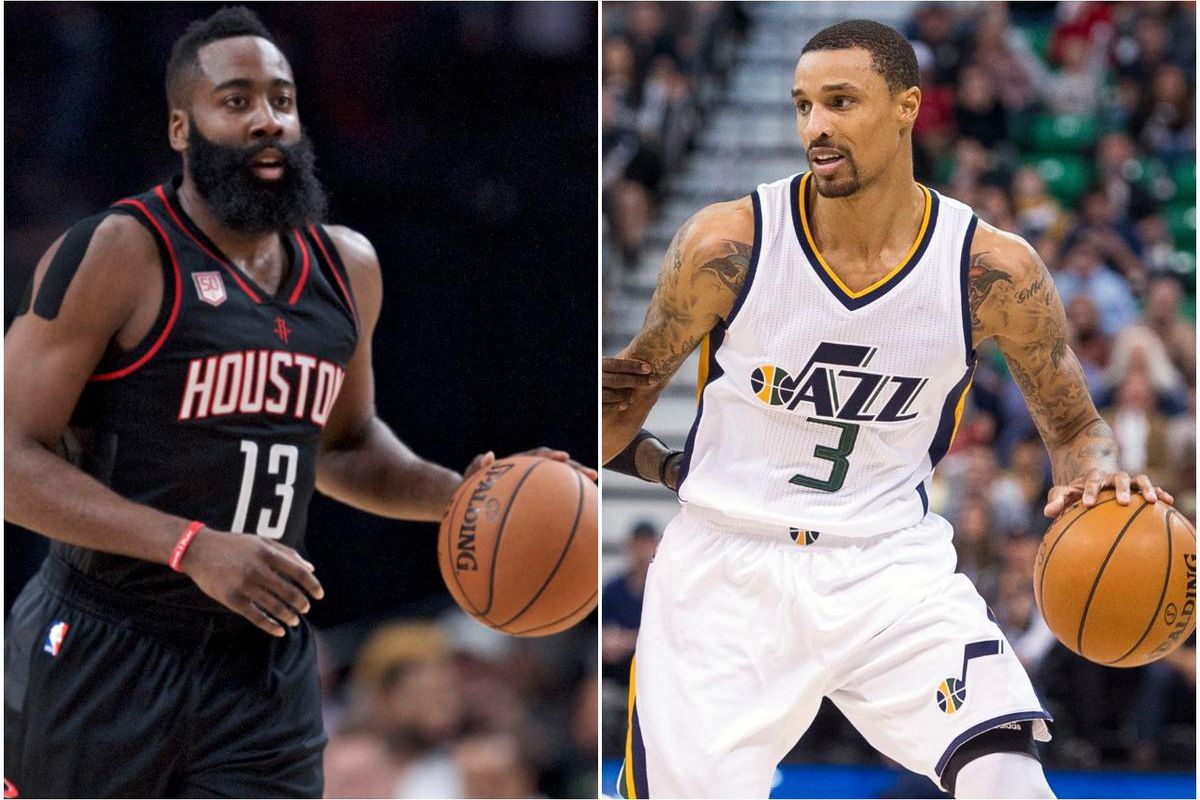 The matchup between Houston's James Harden, left, and Utah's George Hill will be a key one to watch in the Rockets-Jazz game Tuesday night.