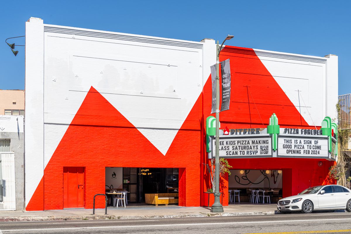 A restaurant with a big red and white angular design at Pitfire Pizza Echo Park in Los Angeles.