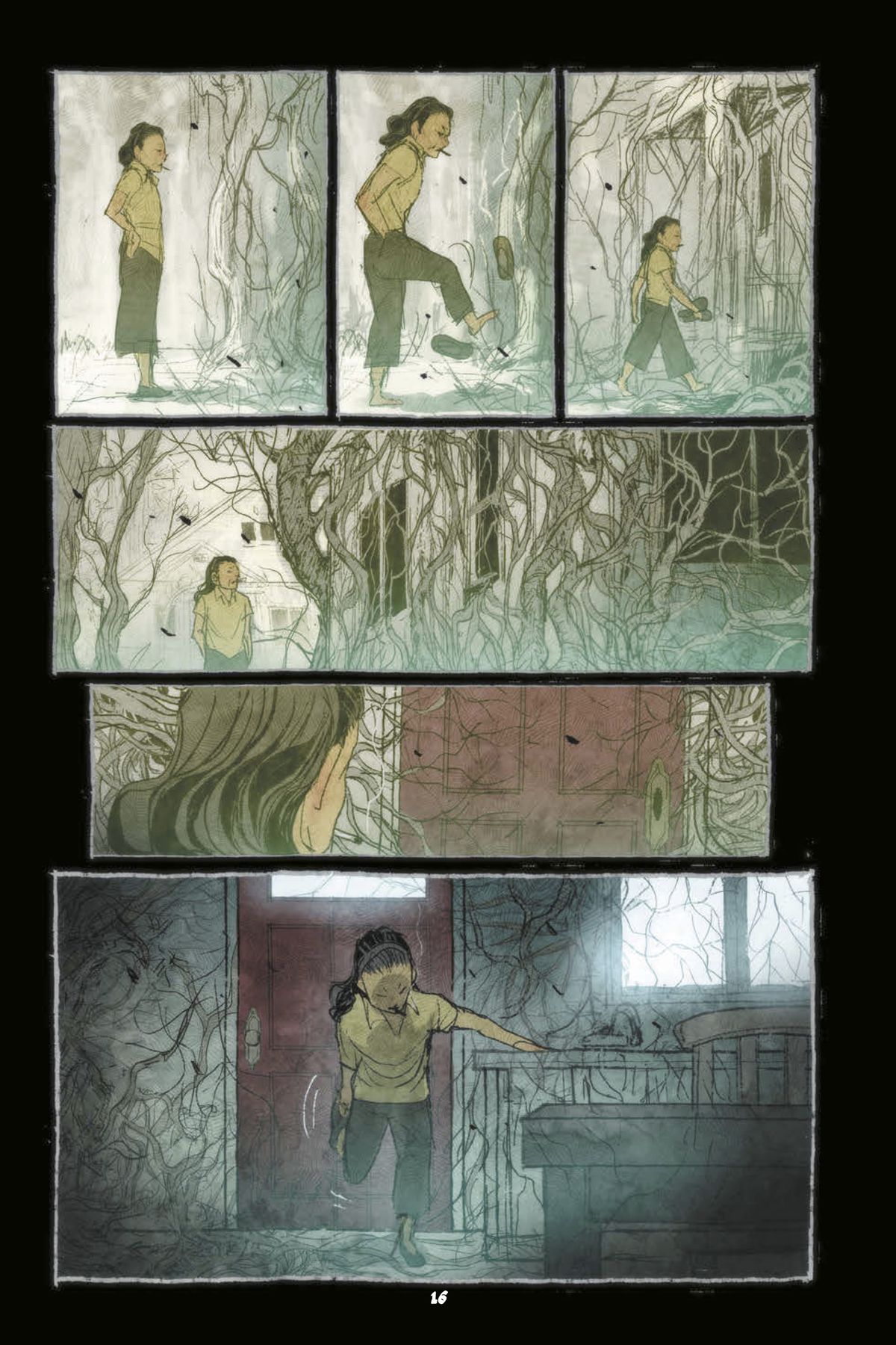 In a page from Abrams ComicArts’ graphic novel Night Eaters, protagonist Ipo Ting examines the neighborhood house covered in branches and vines, kicks off her slippers and carries them inside, then pauses inside the tangle of ivy inside the door as she pulls her slippers back on.