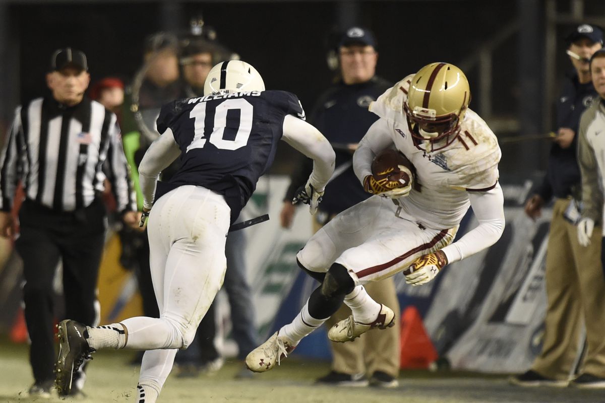 Penn State cornerback Trevor Williams (10) knocks Boston College’s Shakim Phillips (11) out of bounds on a play called incomplete.COLLEGE FOOTBALL Penn State Nittany Lions vs Boston College Eagles in the New Era Pinstripe Bowl at Yankee Stadium, New