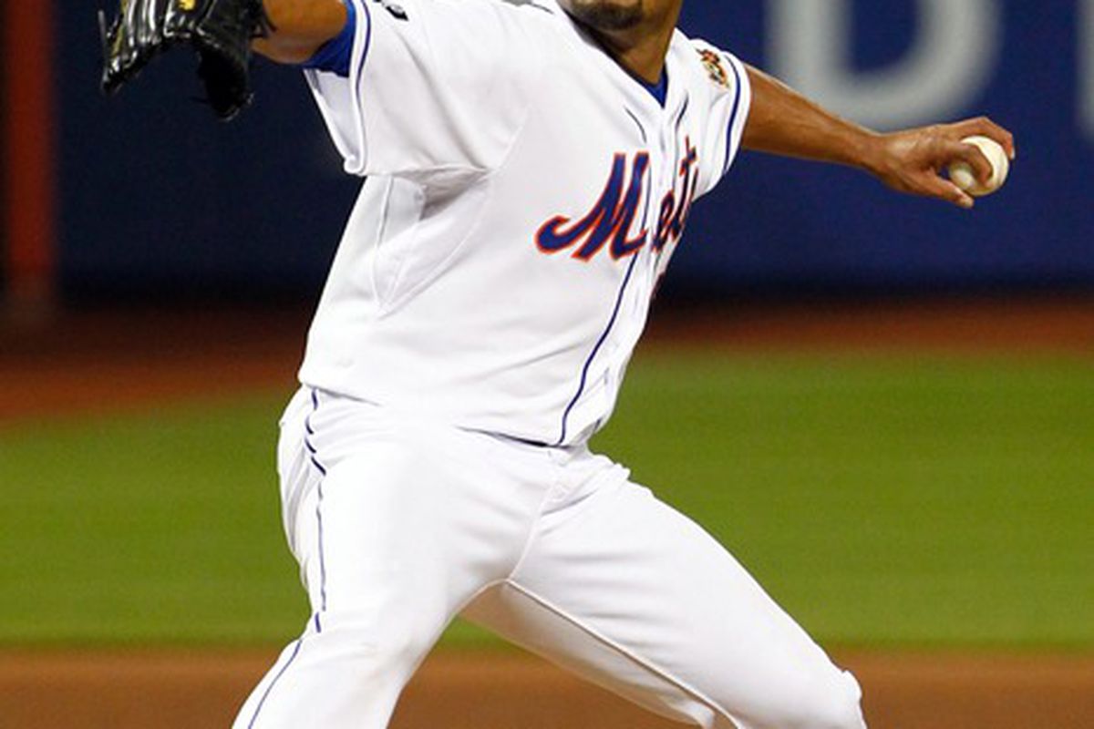 Apr. 24, 2012; Flushing, NY, USA; New York Mets starting pitcher Johan Santana (57) pitches during the fifth inning against the Miami Marlins at Citi Field. Mets won 2-1. Mandatory Credit: Debby Wong-US PRESSWIRE