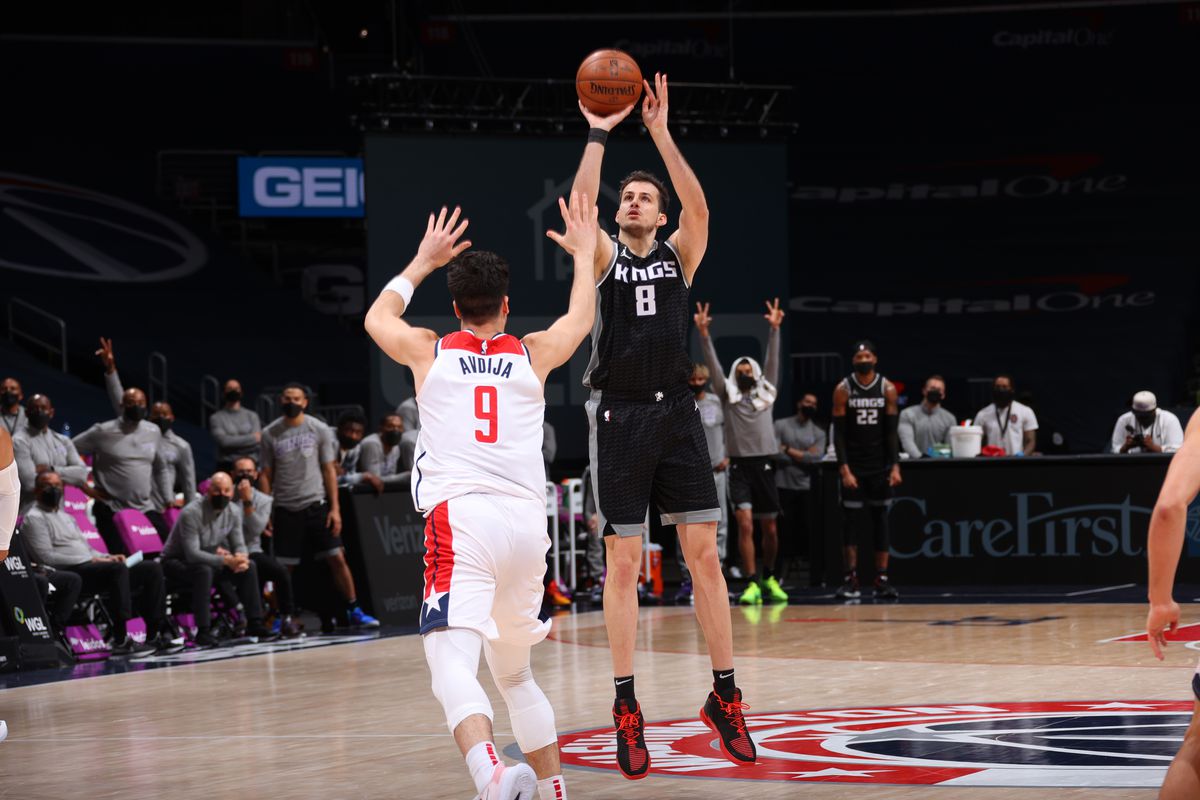 Nemanja Bjelica of the Sacramento Kings shoots the ball during the game against the Washington Wizards on March 17, 2021 at Capital One Arena in Washington, DC.