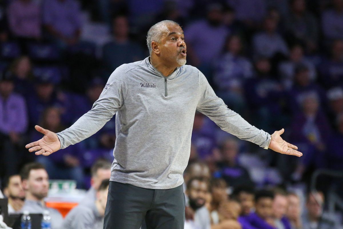 Jan 2, 2024; Manhattan, Kansas, USA; Kansas State Wildcats head coach Jerome Tang questions a call by the officials during the second half against the Chicago State Cougars at Bramlage Coliseum.
