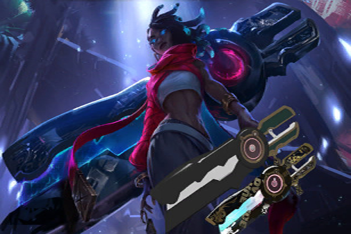 A low resolution image of a woman with bright blue eyes holding bizarre weapons