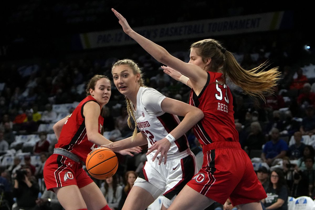 Cameron Brink #22 of the Stanford Cardinal drives to the rim against Kelsey Rees #53 of the Utah Utes during the championship game of the Pac-12 Conference women’s basketball tournament at Michelob ULTRA Arena on March 06, 2022 in Las Vegas, Nevada.
