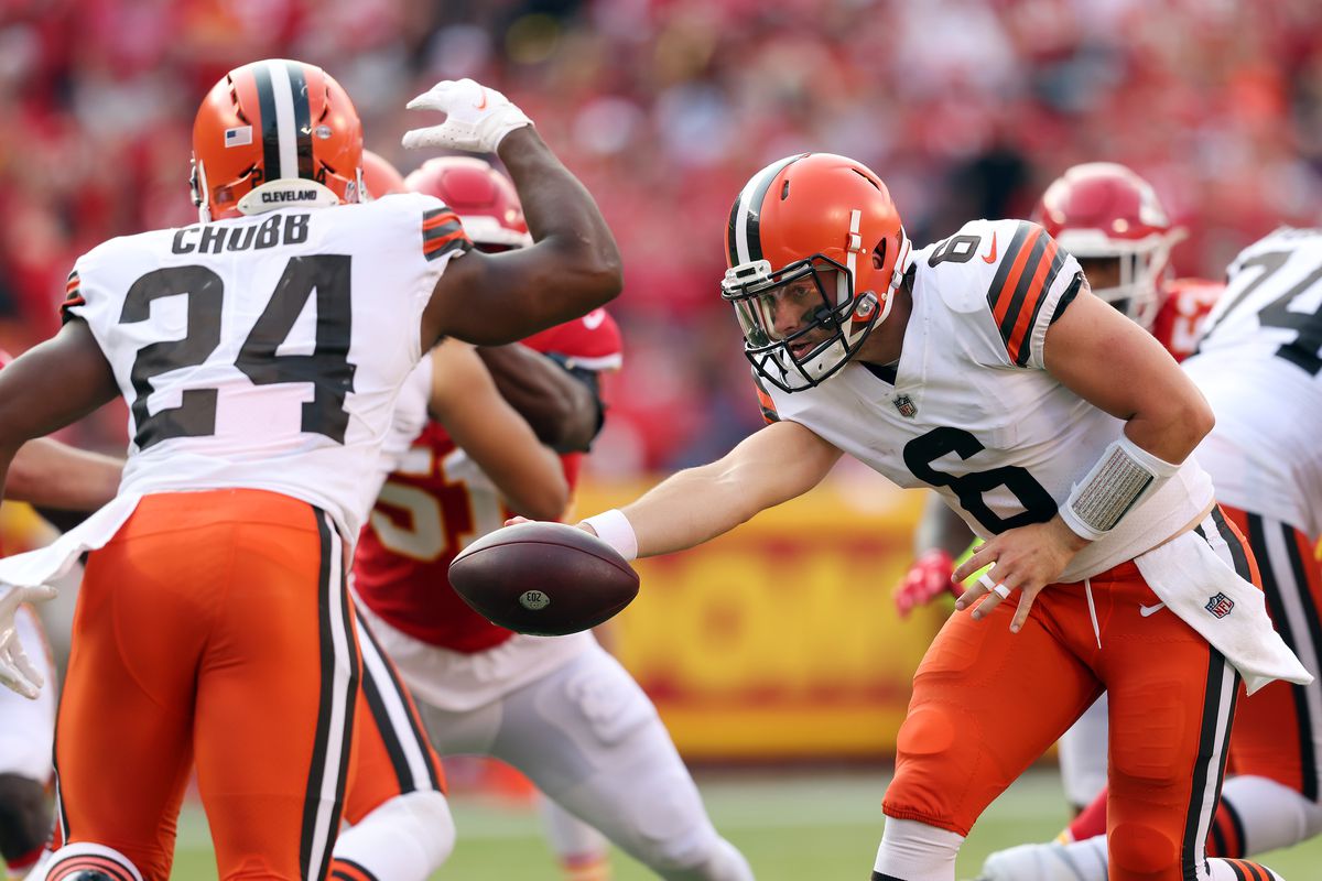 Quarterback Baker Mayfield #6 of the Cleveland Browns hands off to running back Nick Chubb #24 during the game against the Kansas City Chiefs at Arrowhead Stadium on September 12, 2021 in Kansas City, Missouri.
