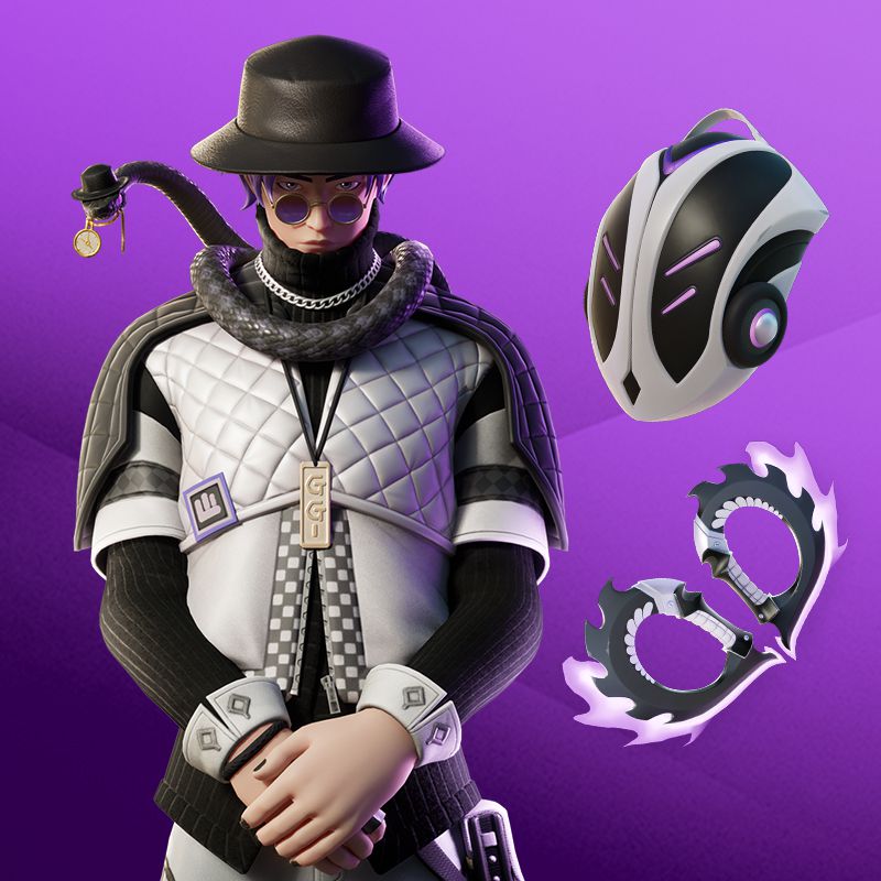 Silas Hesk stands next to back bling and a pickaxe in key art for the Fortnite Crew pack in January 2024.