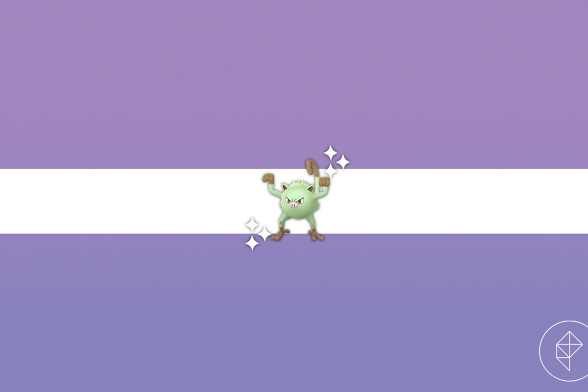 Shiny Mankey on a purple gradient background