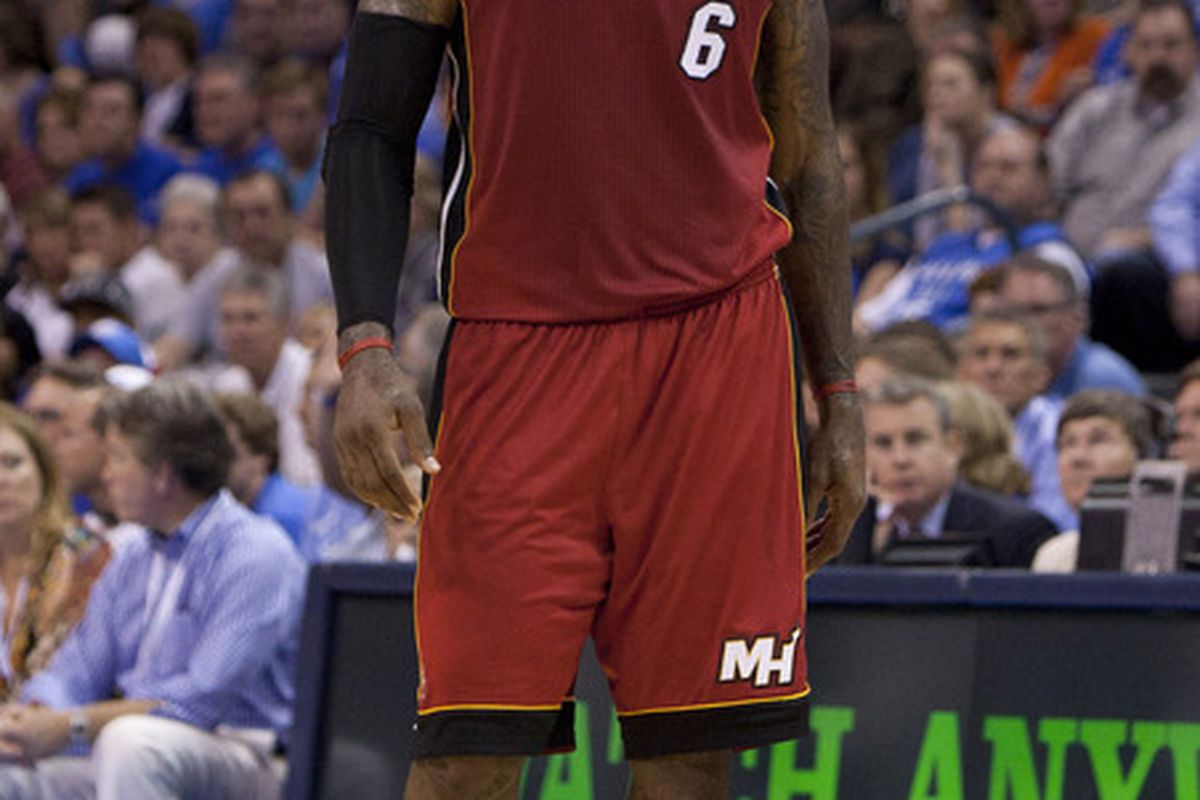 Mar, 25, 2012; Oklahoma City  OK, USA; Miami Heat small forward LeBron James (6) stands on the court during the second quarter against the Oklahoma City Thunder at Chesapeake Energy Arena Mandatory Credit: Richard Rowe-US PRESSWIRE