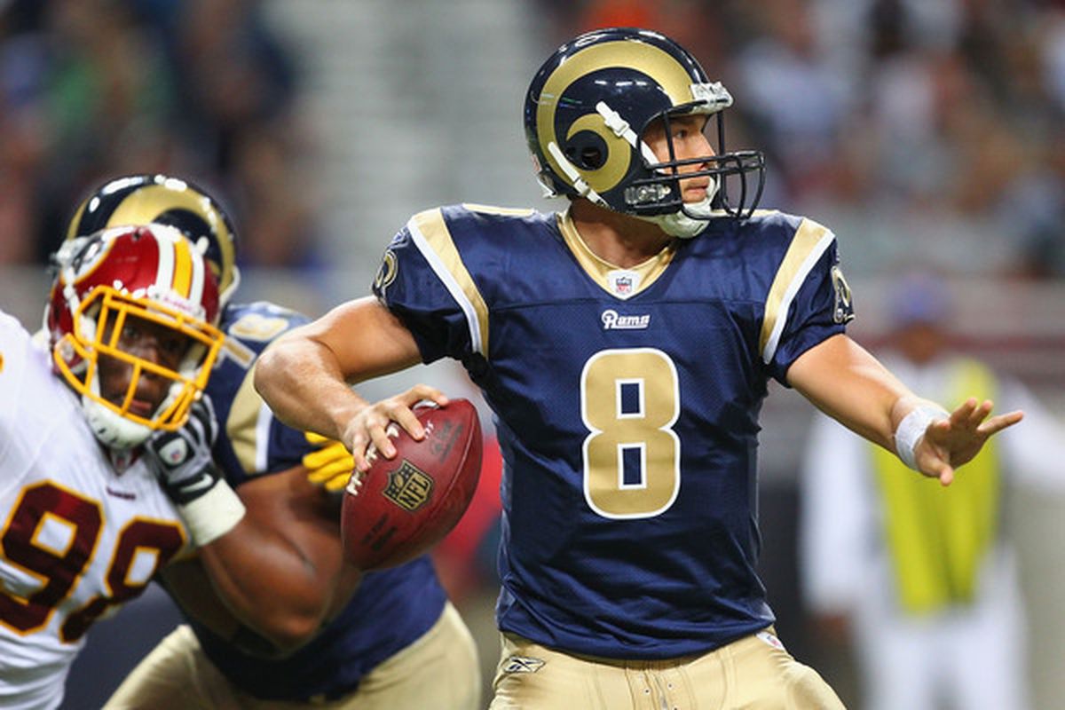 ST. LOUIS - SEPTEMBER 26: Sam Bradford #8 of the St. Louis Rams passes against the Washington Redskins at the Edward Jones Dome on September 26 2010 in St. Louis Missouri.  The Rams beat the Redskins 30-16.  (Photo by Dilip Vishwanat/Getty Images)