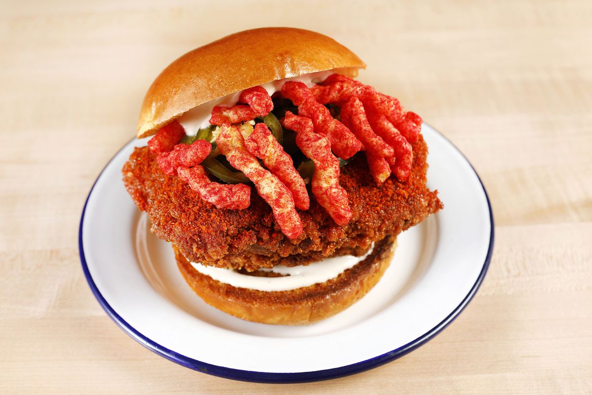 The signature Hetchy Hot, which comes topped with Flamin’ Hot Cheetos