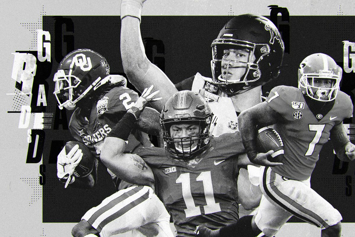 A black and white art collage of NFL Draft picks CeeDee Lamb, Antoine Winfield Jr., Jordan Love, D’Andre Swift, with “grades” in the background