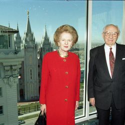 British Prime Minister Margaret Thatcher meets with LDS Church President Gordon B. Hinckley in 1996 on a visit to Utah.