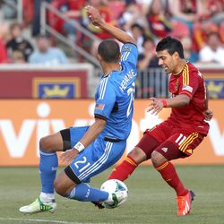 RSL's Javier Morales (right) dribbles during an MLS game between Real Salt Lake and San Jose at Rio Tinto Stadium in Sandy on Saturday, June 1, 2013. RSL beat the Earthquakes 3-0.