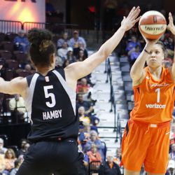 The Las Vegas Aces take on the Connecticut Sun in a WNBA game at Mohegan Sun Arena on May 20, 2018.
