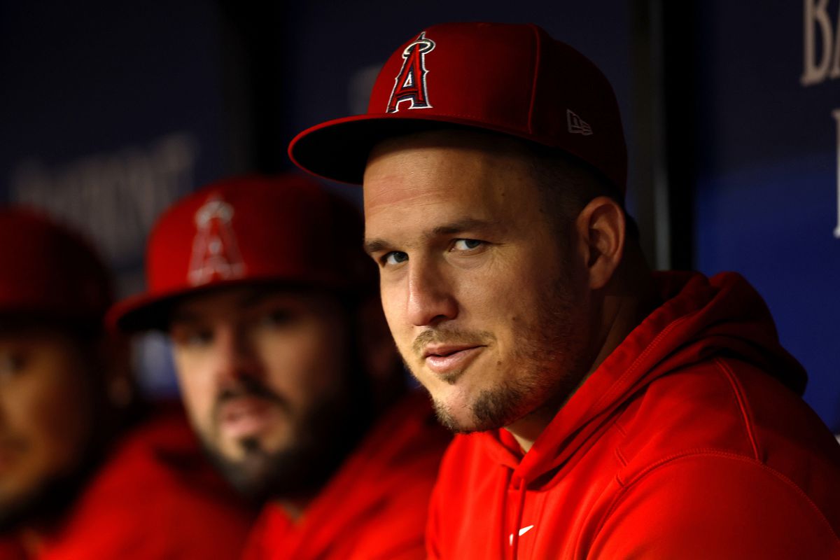 Mike Trout of the Los Angeles Angels looks on during a game against the Tampa Bay Rays at Tropicana Field on September 20, 2023 in St Petersburg, Florida.