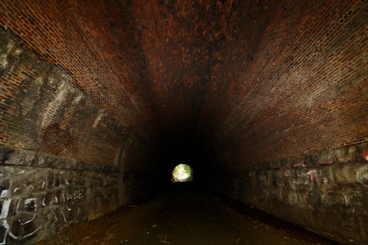 The inside of a long brick tunnel. 