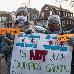 Activists protest a General Iron plant being relocated to the Southeast Side of Chicago at a rally in Logan Square — near Mayor Lori Lightfoot’s home — on Thursday, March 4, 2021.