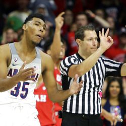 Arizona guard Allonzo Trier (35) reacts after getting called for his fifth foul in the second half during an NCAA college basketball game against Utah, Saturday, Jan. 27, 2018, in Tucson, Arizona.