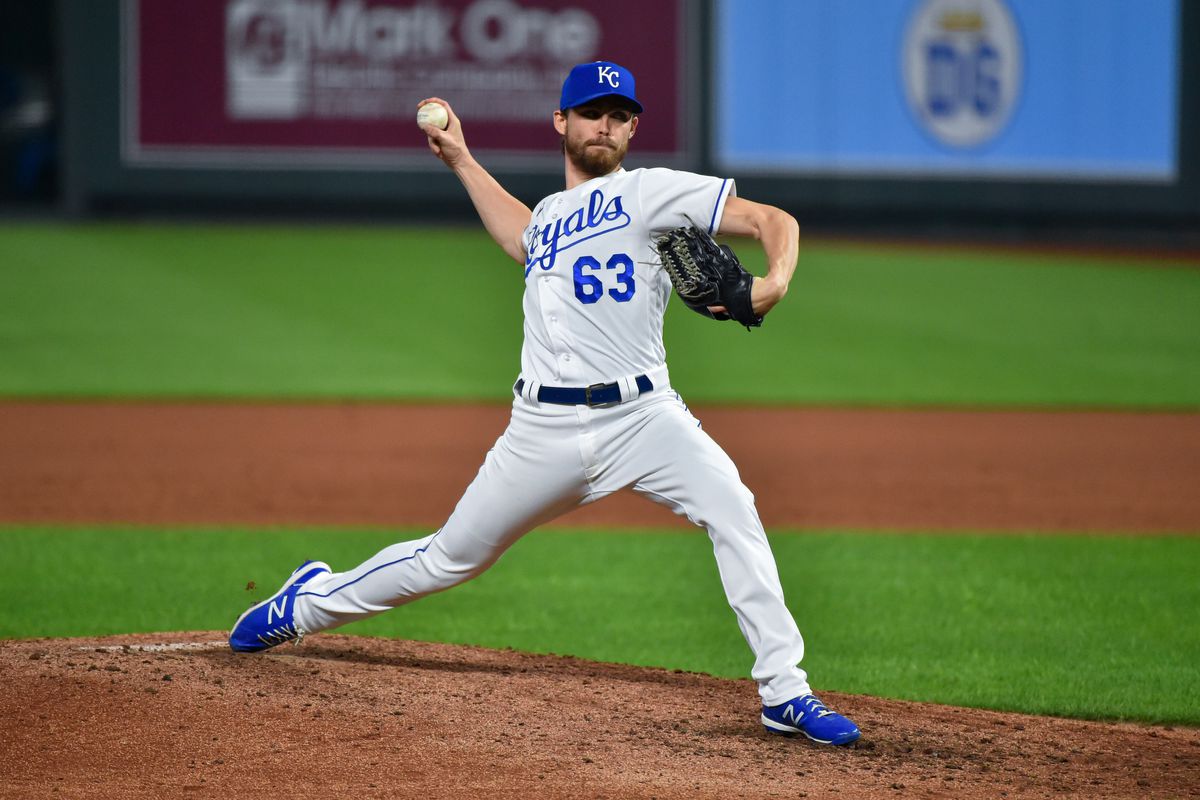 Relief pitcher Josh Staumont #63 of the Kansas City Royals throws in the sixth inning against the St. Louis Cardinals at Kauffman Stadium on September 21, 2020 in Kansas City, Missouri.