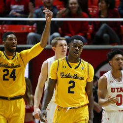 California Golden Bears guard Juhwan Harris-Dyson (2) reacts after being shut down by Utah Utes defense at the Huntsman Center in Salt Lake City on Saturday, Feb. 10, 2018.