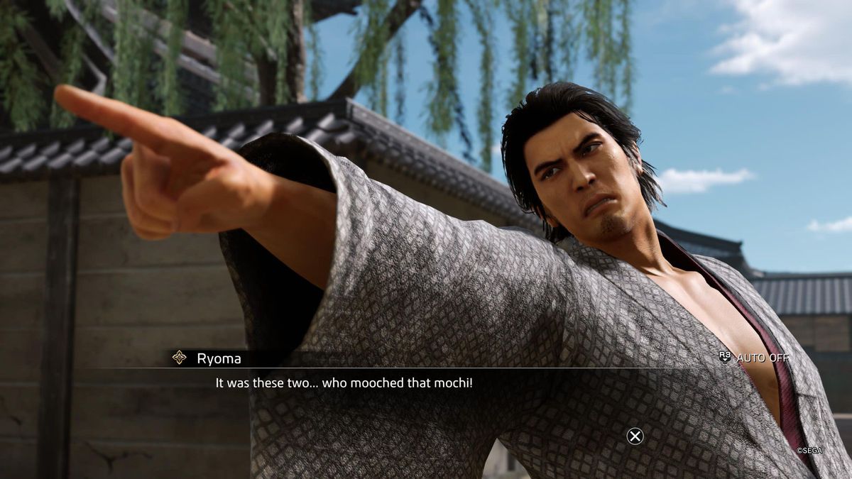 Ryoma points at an off screen person accusing them of stealing mochi in a Like a Dragon: Ishin substory.