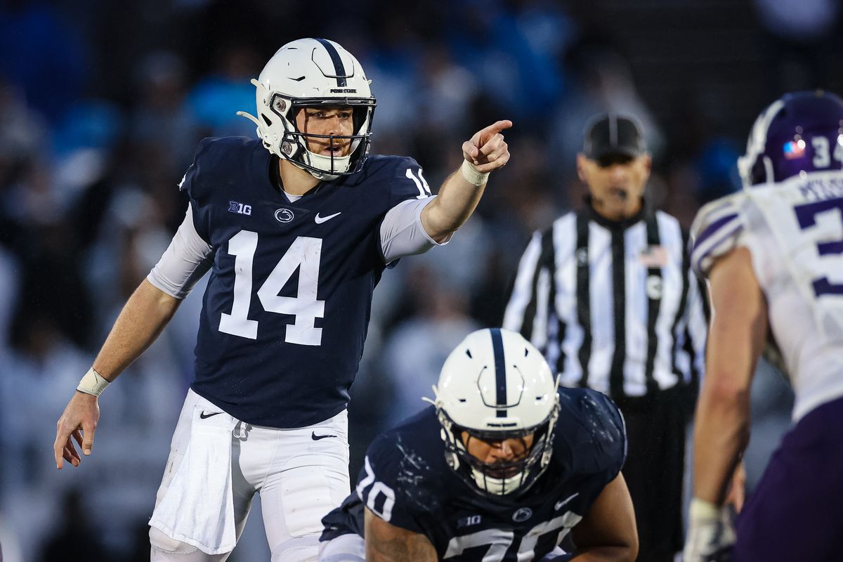 Sean Clifford #14 of the Penn State Nittany Lions signals to teammates before a play against the Northwestern Wildcats during the second half at Beaver Stadium on October 1, 2022 in State College, Pennsylvania.