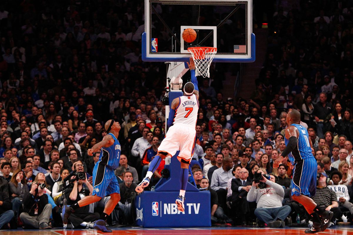 Mar. 28, 2012; New York, NY, USA; New York Knicks small forward Carmelo Anthony (7) goes up for the layup during the first half against the Orlando Magic at Madison Square Garden. Mandatory Credit: Debby Wong-US PRESSWIRE