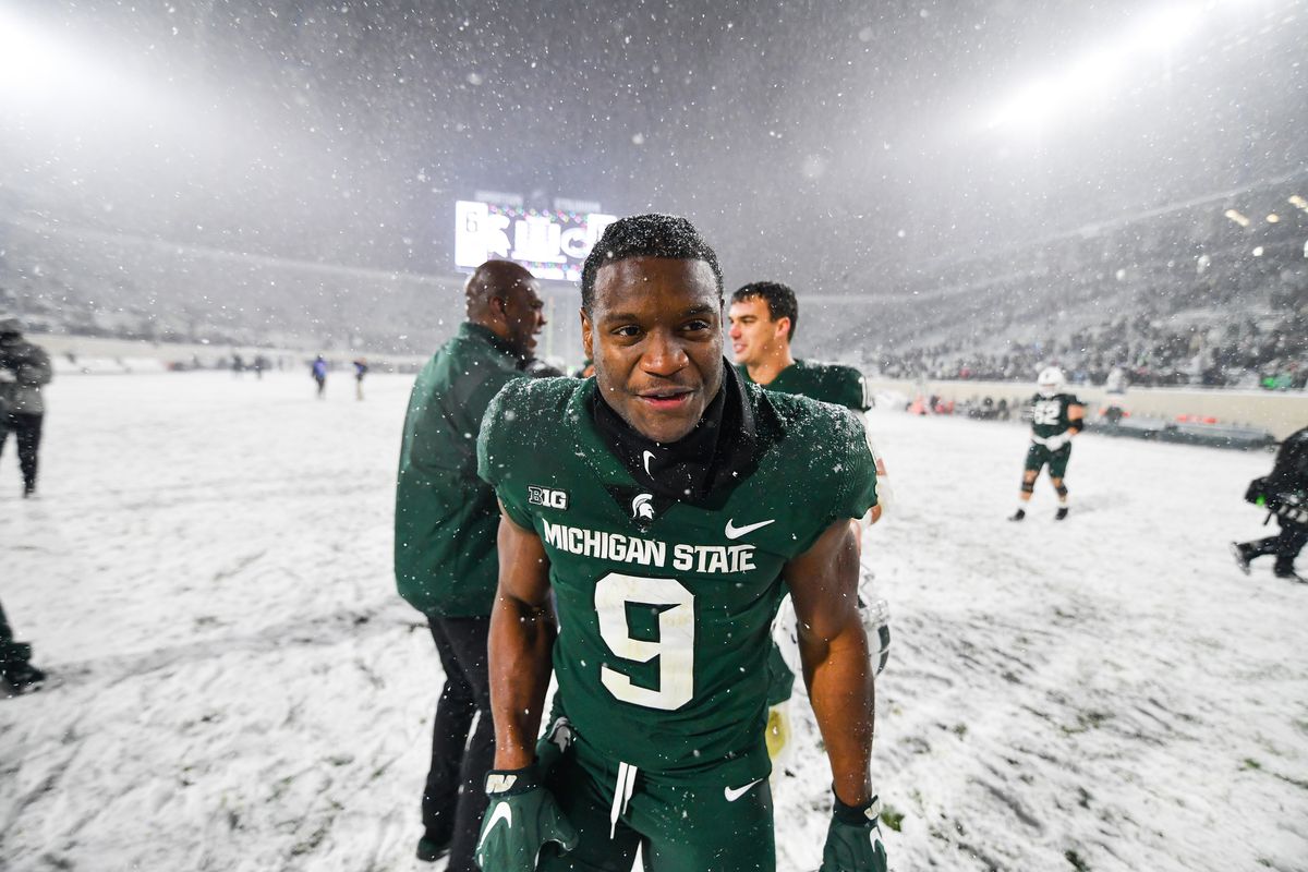 Michigan State Spartans running back Kenneth Walker (9) walks off the field during a college football game between the Michigan State Spartans and Penn State Nittany Lions on November 27, 2021 at Spartan Stadium in East Lansing, MI.