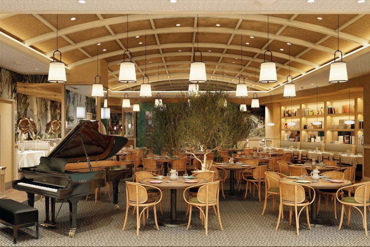 A rendering of a restaurant dining room with a grand piano.