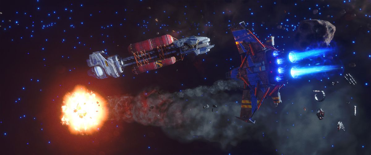 A player in a mid-level ship with four wings, painted red  and blue, lights up an enemy ship in battle alongside a large transport ship.