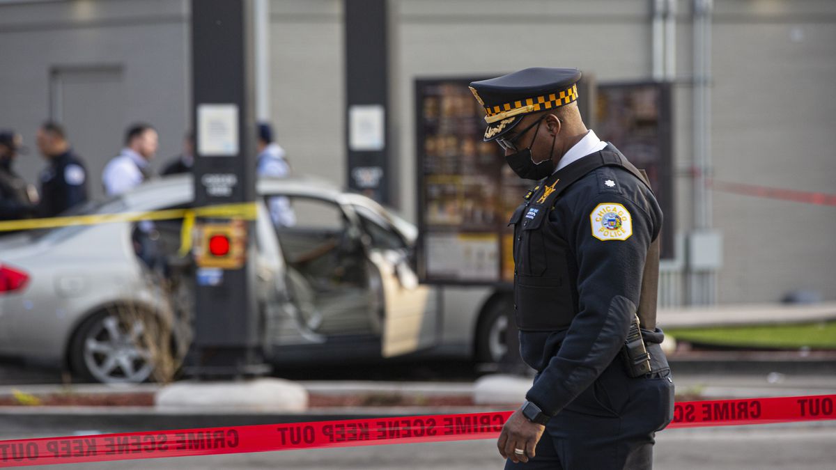 Chicago police investigate a shooting that killed 7-year-old Jaslyn Adams and wounded her father, Jontae Adams, 28, at a McDonald’s drive-through at the corner of West Roosevelt Road and South Kedzie Avenue in Lawndale, Sunday afternoon, April 18, 2021.