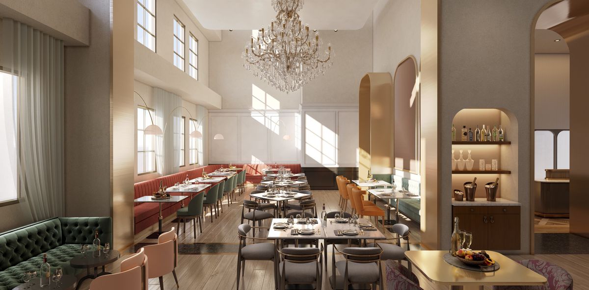 A rendering of Audrey Restaurant & Bar shows a chandelier hanging over its dining room.