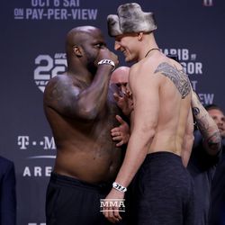 Derrick Lewis and Alexander Volkov square off at UFC 229 ceremonial weigh-ins.