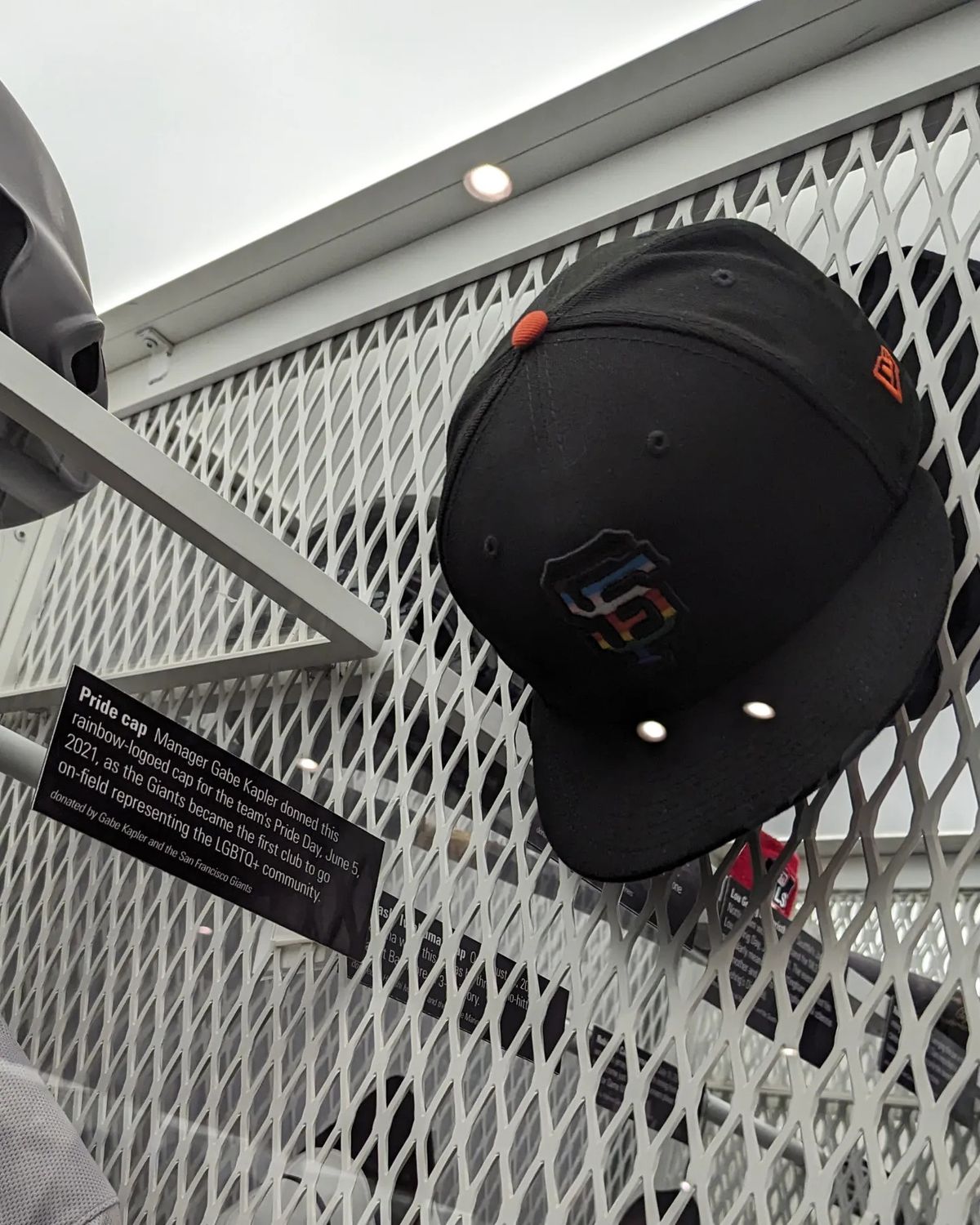 Rainbow baseball cap on display in the Hall of Fame.