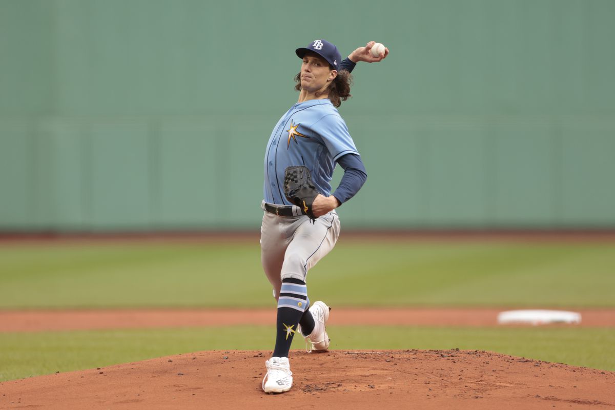 Tyler Glasnow #20 of the Tampa Bay Rays pitches during the first inning against the Boston Red Sox in game two of a doubleheader at Fenway Park on June 03, 2023 in Boston, Massachusetts.