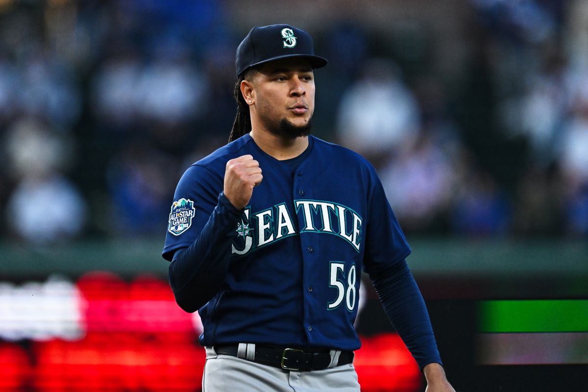 Luis Castillo of the Seattle Mariners reacts after pitching an inning against the Chicago Cubs at Wrigley Field on April 10, 2023 in Chicago, Illinois.