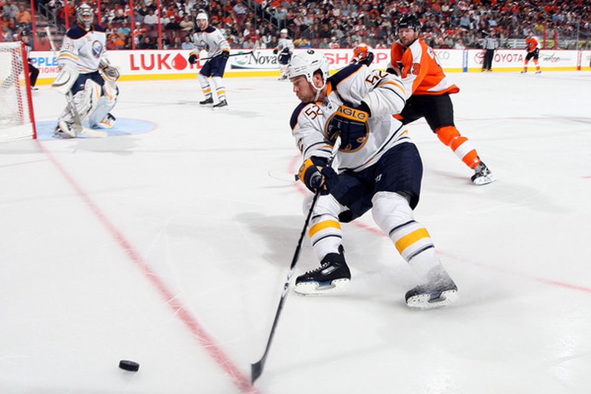 PHILADELPHIA - OCTOBER 26:  Craig Rivet #52 of the Buffalo Sabres controls the puck against the Philadelphia Flyers on October 26 2010 at Wells Fargo Center in Philadelphia Pennsylvania.  (Photo by Jim McIsaac/Getty Images)