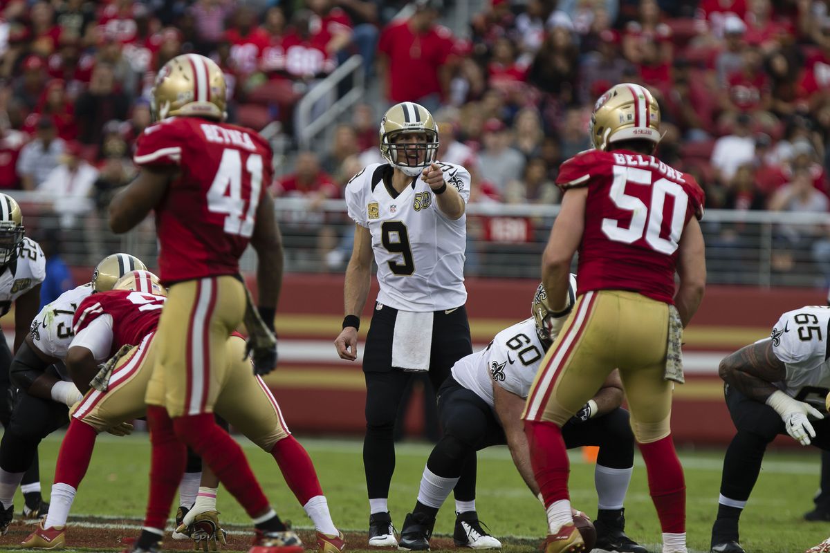 New Orleans Saints quarterback Drew Brees gestures before the play against the San Francisco 49ers during the third quarter at Levi’s Stadium.