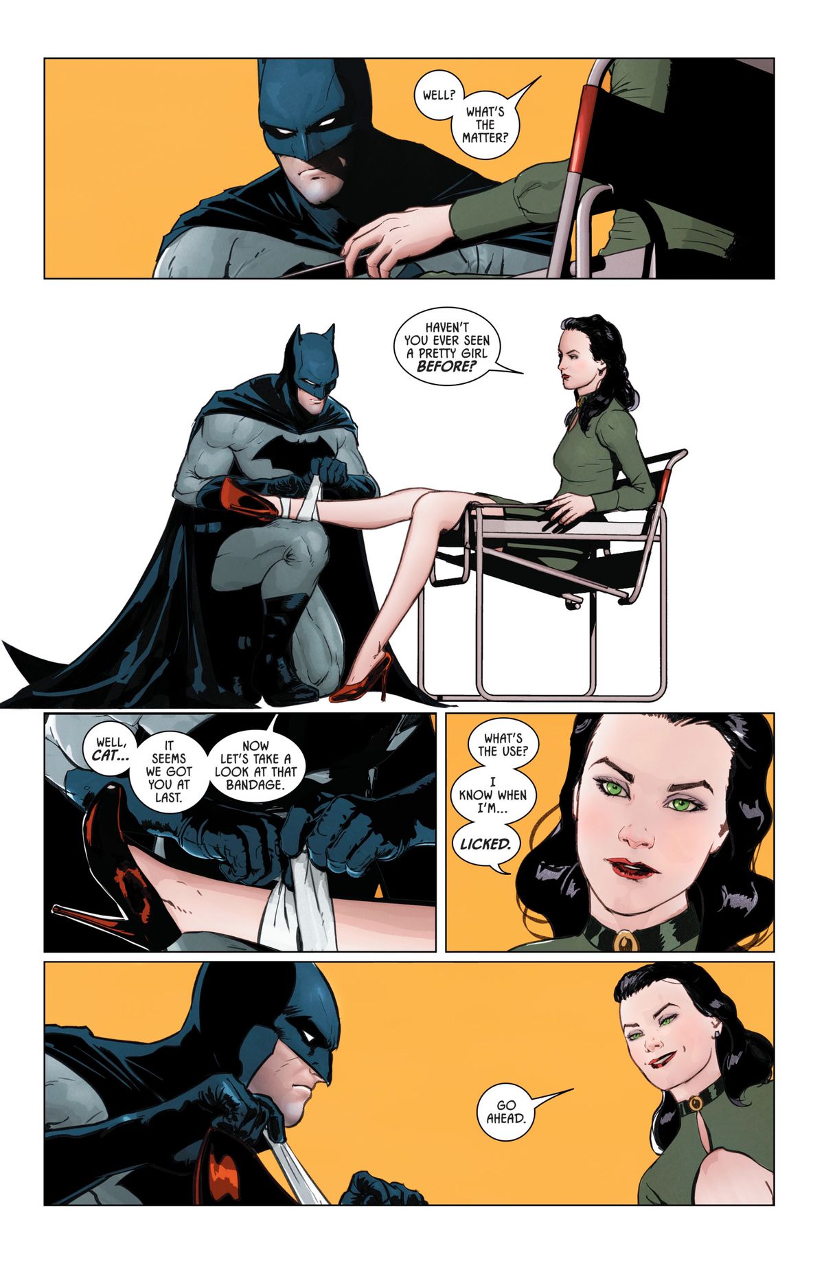 Batman and Catwoman in Batman #44 (2018) with dialogue referencing Batman #1 (1940), DC Comics. 
