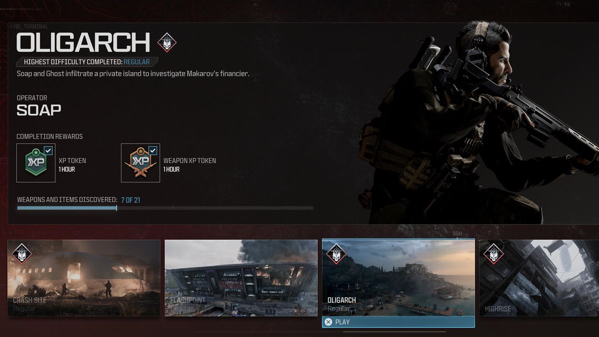 A menu shows the player selecting the Oligarch mission in MW3 campaign.