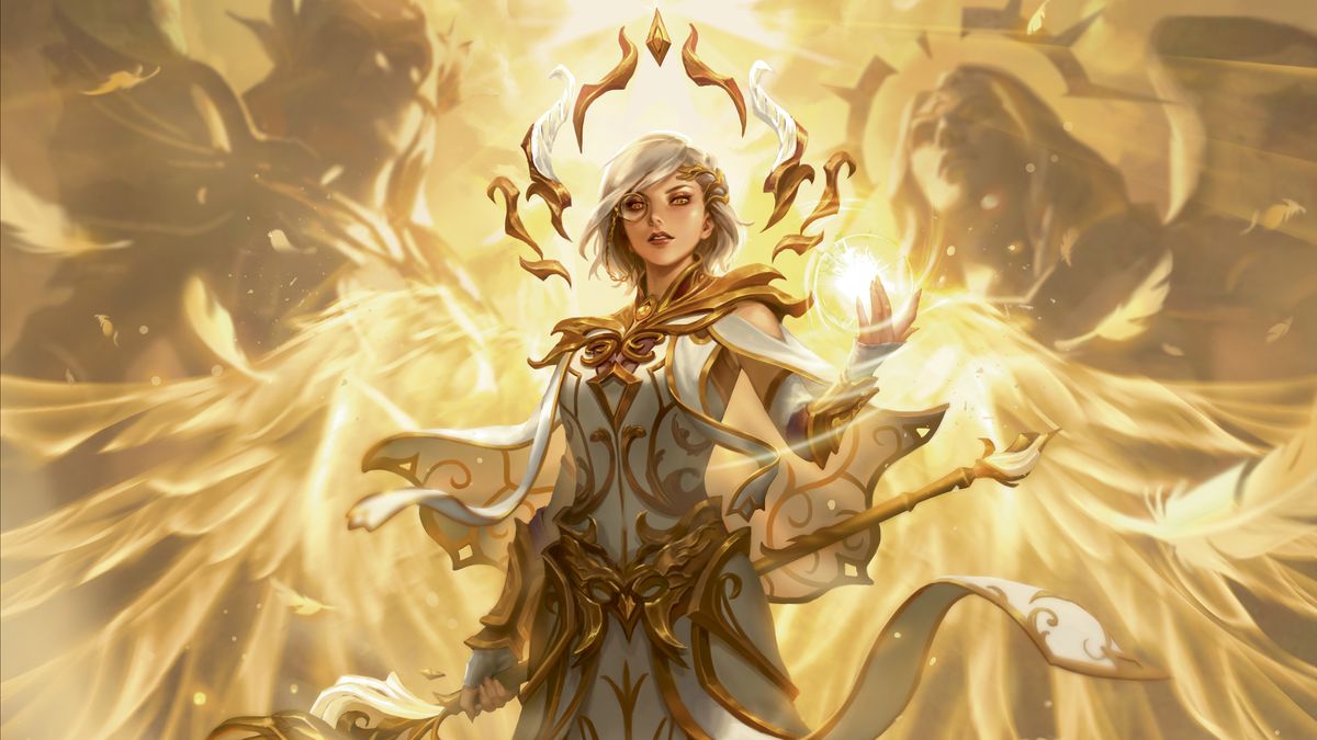 Prism stands in a white gown with gold accents, an obscure winged mace in her right hand. Her left hand is curled around a golden gem of some kind. She is wearing short white hair and a monocle.