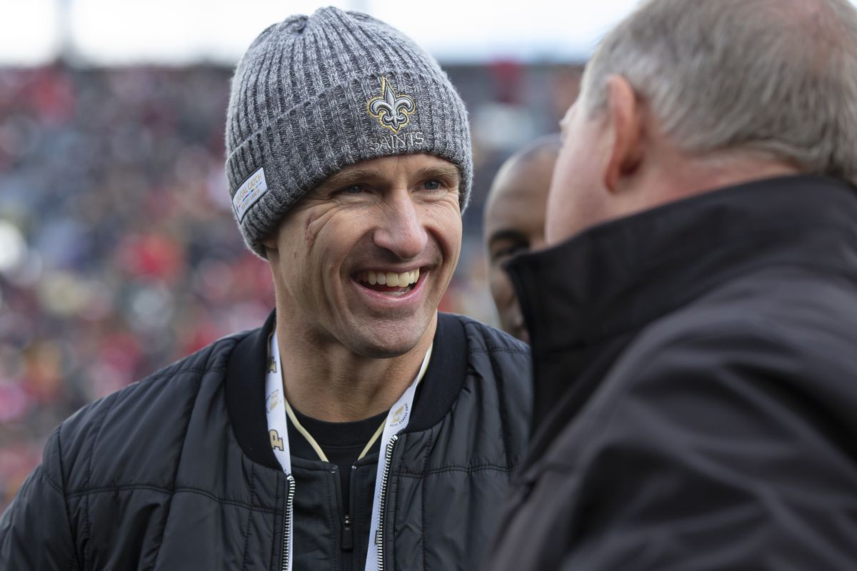 New Orleans Saints quarterback Drew Brees is seen during the Purdue Boilermakers and Nebraska Cornhuskers game at Ross-Ade Stadium on November 2, 2019 in West Lafayette, Indiana.