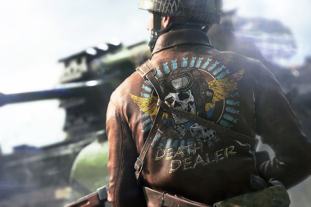 A player in a custom-painted leather jacket in Battlefield 5.