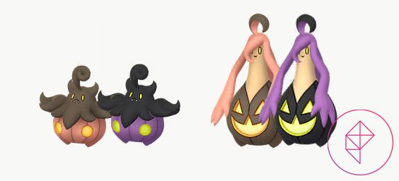 Pumpkaboo and Gourgeist with their shiny forms in Pokémon Go. Both turn purple and black from their usual pink-orange and dark brown-grey.