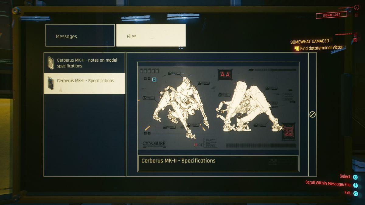 A computer screen showing the schematics for the Cerebus MK-II mech, as seen in the “Somewhat Damaged” mission of Cyberpunk 2077: Phantom Liberty.