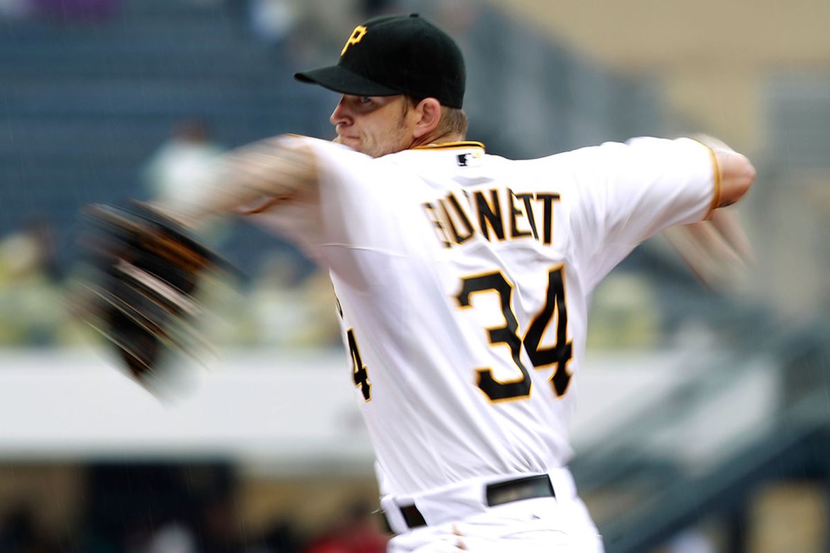PITTSBURGH, PA - MAY 13:  A.J. Burnett #34 of the Pittsburgh Pirates pitches against the Houston Astros during the game on May 13, 2012 at PNC Park in Pittsburgh, Pennsylvania.  (Photo by Jared Wickerham/Getty Images)