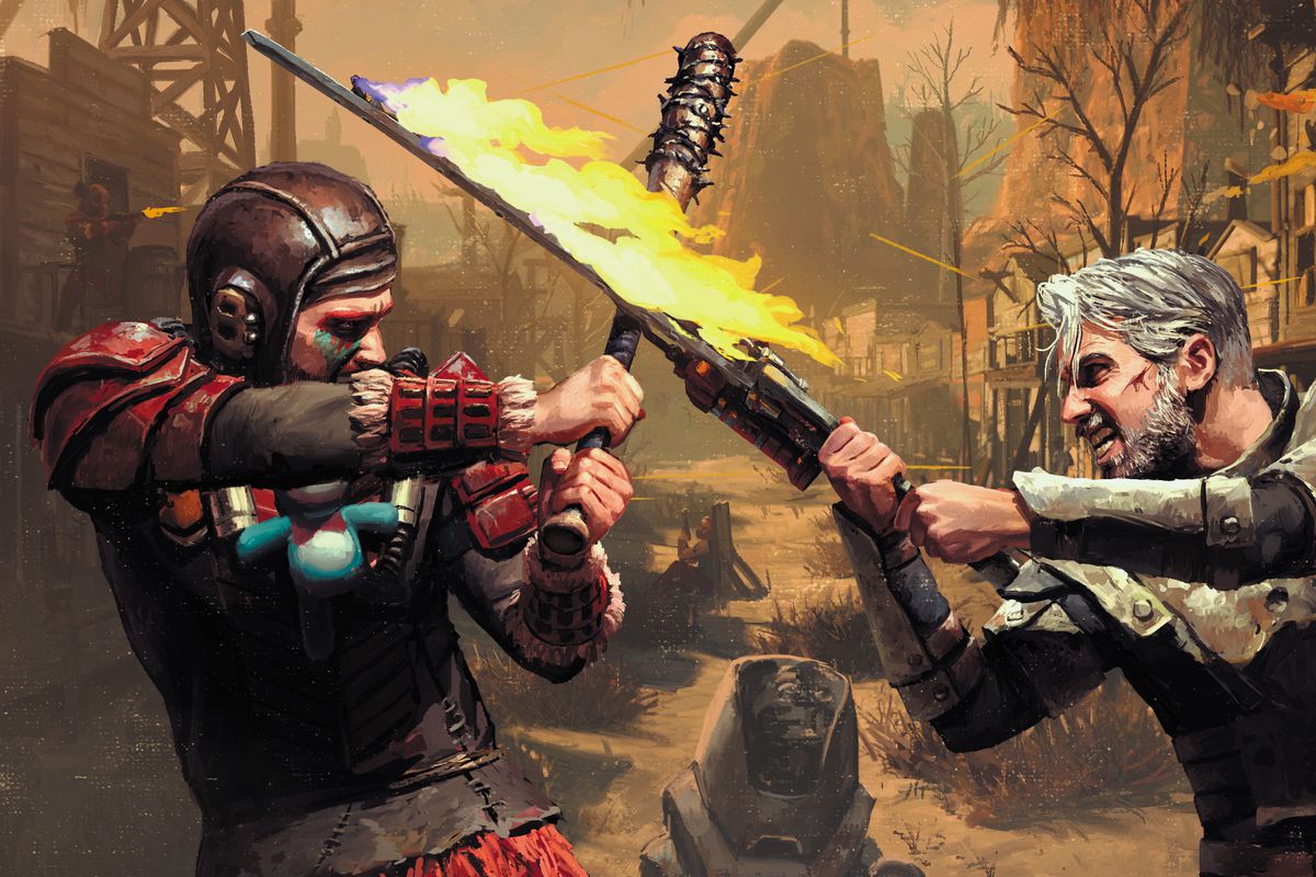 Two combatants, one with a spiked baseball bat another with a flaming sword, duke it out in cover art for Nuka World, the two-player starter set for Modiphius’ Fallout Factions. The wasteland behind them is, unsurprisingly, all busted up and yellow.